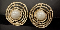 Vintage Gold Faux Pearl Swirl Earrings Huge Statement Ripple Oval Runway 1980s