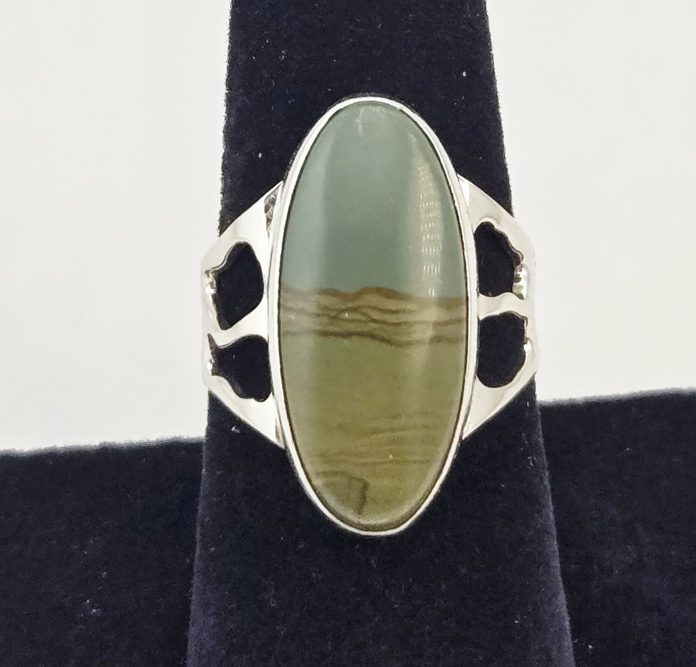 Vintage Sterling Silver Green Picture Jasper Gemstone Oval Ring Size 7.5 – 6.0g
