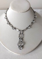 Art Deco 1920s Open Back Crystal Rhinestone Necklace Silver Tone Drop 15″