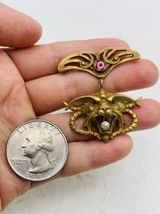 Antique Vintage Art Nouveau Gothic Gargoyle Griffin Crystal Gold Tone Pendant