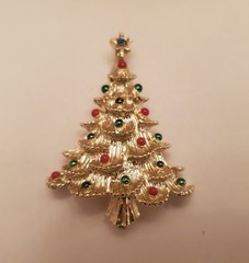 Vintage Holiday Brooch Features Tiered Gold-Tone Branches Decorated With Red And
