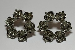 Vintage Silver Tone Rose Wreath Hoop Earrings Floral Flower Circle Post Earrings