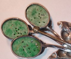 Vintage Chinese Carved Jadeite 3 Flowers Sterling Silver Leaves Brooch Jade Pin