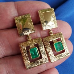 Original EARTH MINED EMERALD Deco Design Earrings Vintage Style Dangles 14K GOLD