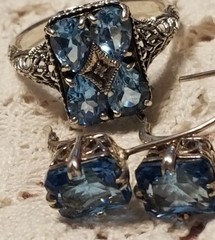 Art Deco Antique Blue Topaz Diamond Accent Ring & Earrings Set,Size 10, 925 &CNA