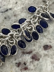 Vtg Sterling Silver 925 Blue Cabochon Stone Statement Necklace, 21in Long