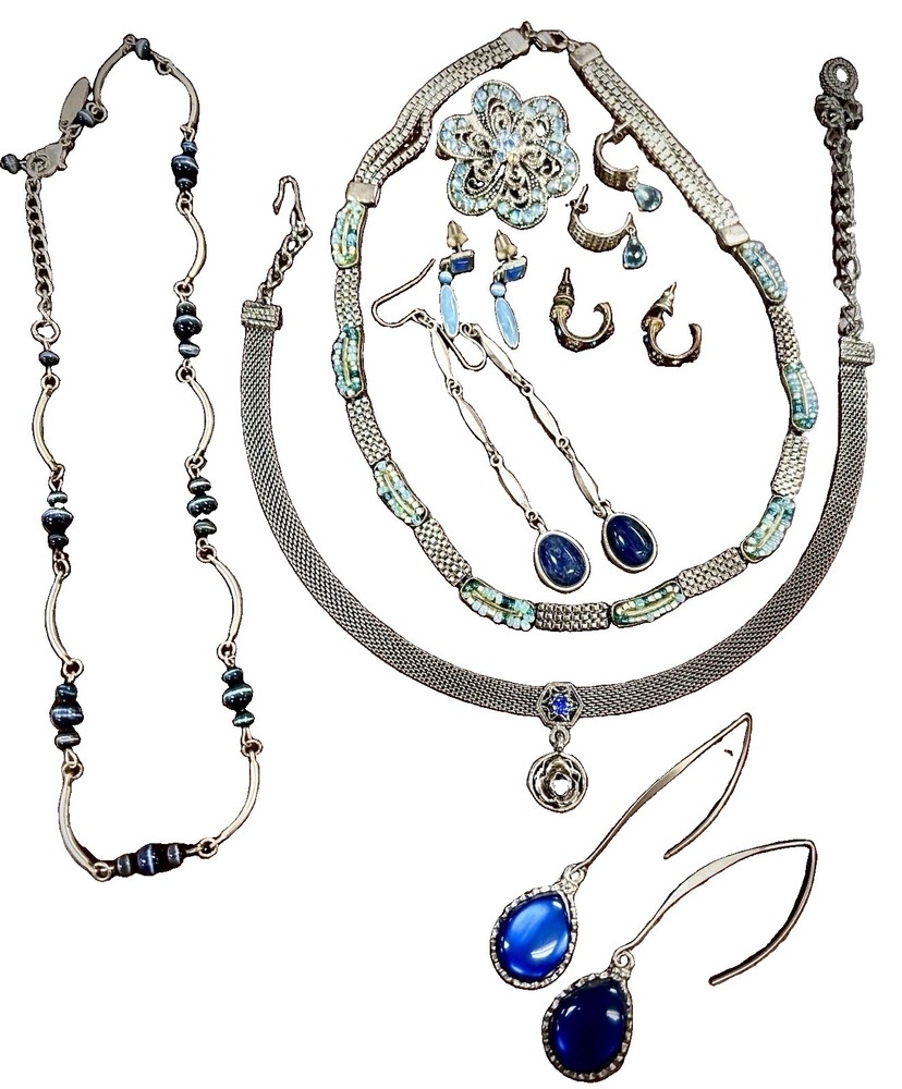 Vintage Jewelry Lot Blue Silver Statement Necklaces Earrings Brooch Boho Chic