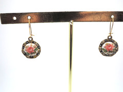 Gold Tone Drop Earrings with Floral Painted Porcelain Drops, 1970-’80s