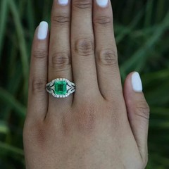 Art Deco Style Lab Created Emerald & Diamond Engagement 14K White Gold FN Ring