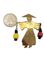 Gold Tone Brass Made in Brazil Asian Water Lantern Man Brooch Pin