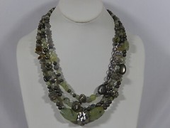 MASSIVE VTG STERLING SILVER RARE 3 STRAND NATURAL PREHNITE AND PYRITE NECKLACE