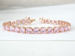 Vintage Sterling Silver 925 RoseGold on Large Pink Gemstone Tennis Bracelet 7.5″