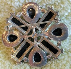 Vtg Round Brooch Faceted Black White Smokey Gems 1.75″ Silvertone READ