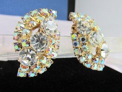 Vintage Chunky Clear & AB Rhinestone Earrings Clip-On Gold Plate