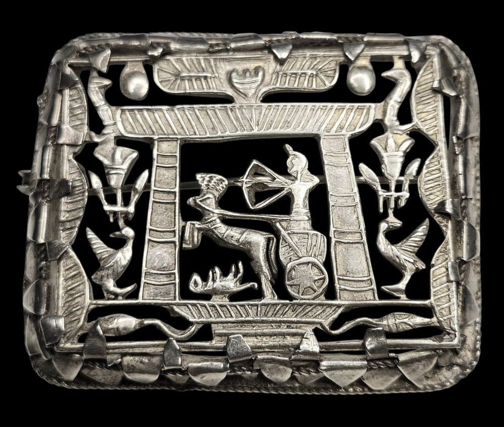 Art Deco Sterling Silver Egyptian Revival Brooch Chariot Vintage