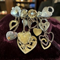 Vintage Sweetheart Charm Dangle Brooch Mixed Metal Hearts Romantic Assemblage