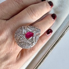 Vintage Pear Shape Ruby Cubic Zirconia Statement Ring Size 8 Glam Sparkly Party