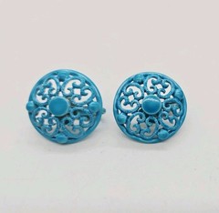 Turquoise Blue Filigree Clip on Earrings enamel Round Couture Vintage .75 in