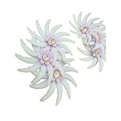 1950s Lavender Plastic Triple Floral Ear Climber Clip Earrings with Rhinestones