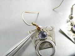 Vintage Sterling Silver Artisan Mixed Metals Iolite Hook Earrings 4.3g 1.25 Inch