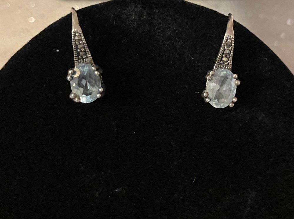 Vintage Sterling Silver 925 Oval Blue Topaz & Marcasite Hook Dangle Earrings