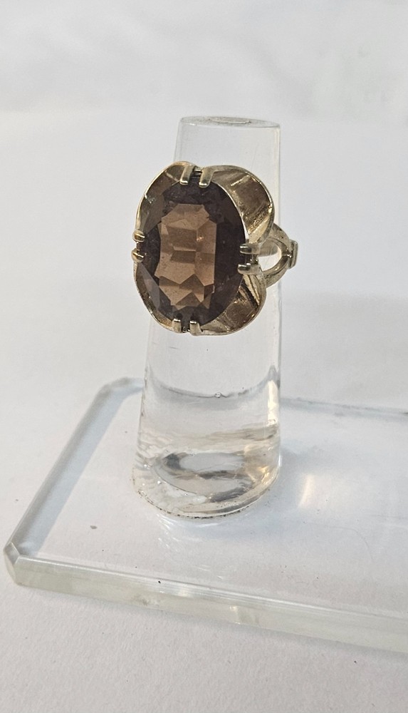 Vintage 18K HGE Yellow Gold Plated Cocktail Ring w BIG Brown Stone Size 6.25