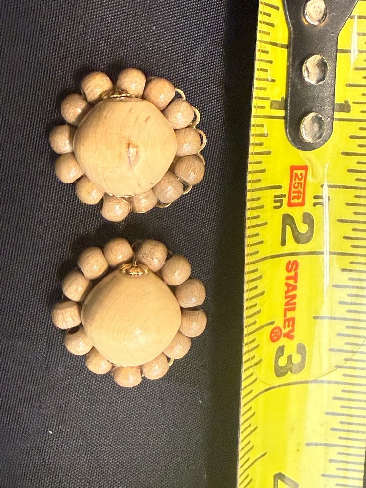 Vintage Marvella Wood Bead Cluster Dome Clip On Earrings Signed 1.25 Inch