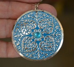 Silver Tone Pierced Wire Hook Earrings Large Round Blue Medallion 1.75″ Across