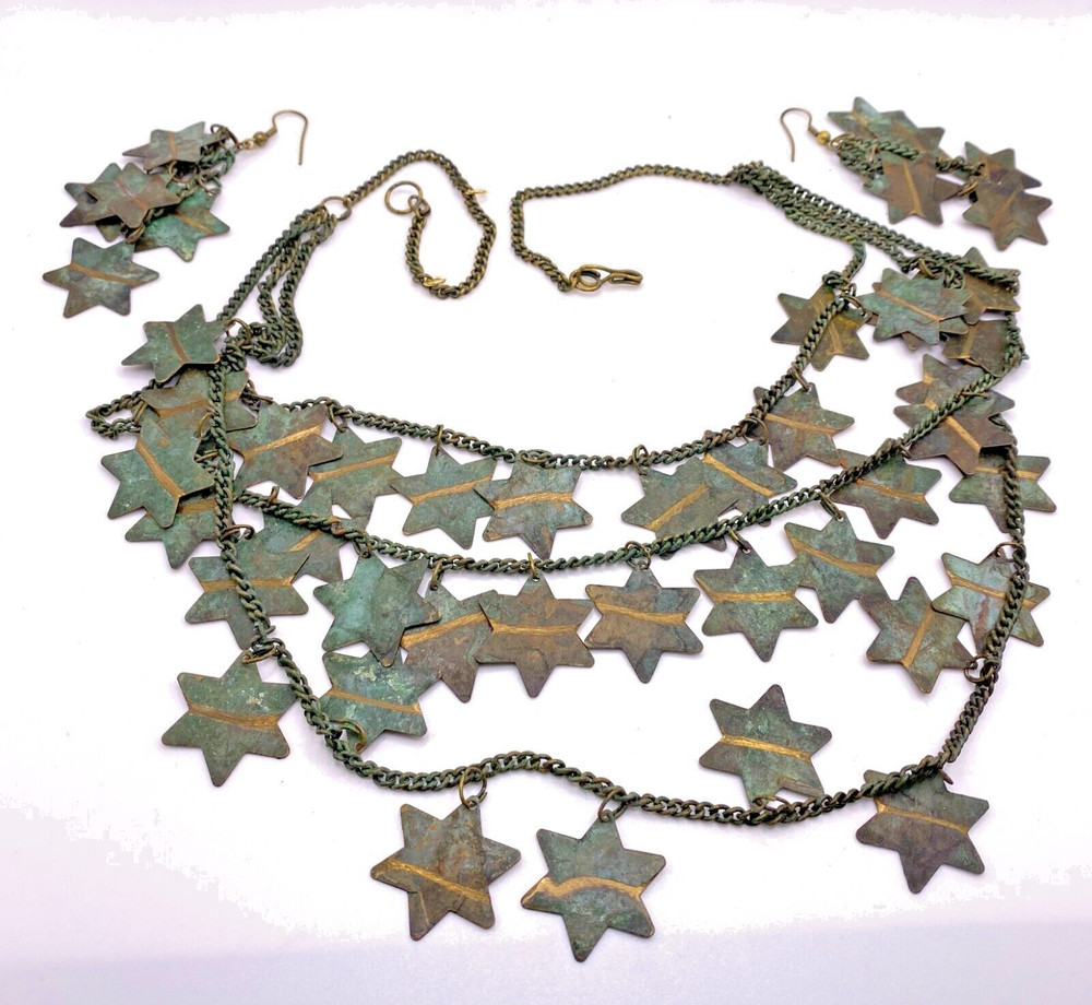VTG Metal Star Necklace and Earrings Set Dangle Fringe Green & Copper 1980s