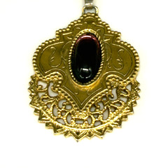 Vintage 1928 Necklace Gold Tone Filigree Pendant Purple Acrylic Center 28″