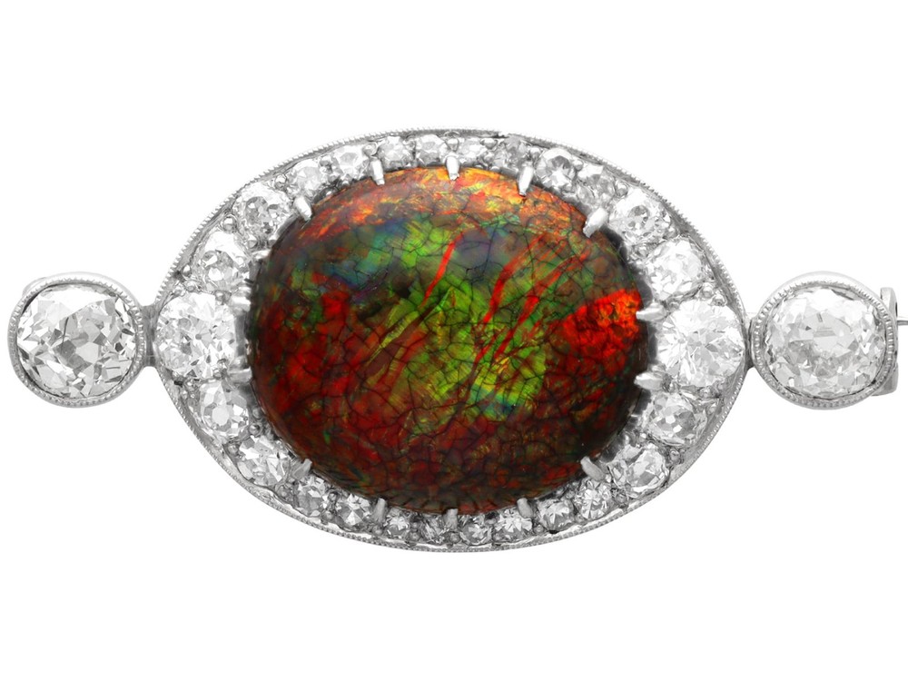 Antique 8.64Ct Boulder Opal and 3.00Ct Diamond Platinum Brooch Circa 1900