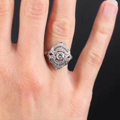 French Art Deco Inspired Cocktail Ring 2.3 Ct Lab Created Diamond 10k White Gold