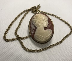 Vintage 1950s Faux Cameo Locket Necklace 23” Chain Locket 2.75” Holds Photo Etc