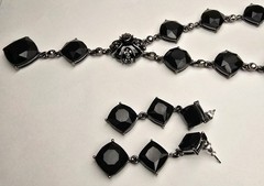 Vintage Crown Trifari Black Crystal Gunmetal Y-Drop Necklace & Earrings Set
