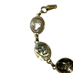 Vintage Silver Tone Abalone Link Bracelet 1970’s Paua Shell Oval Cabochons 7.5″