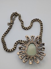 Vintage Statement Necklace Clear Rhinestones Antique Gold Tone Large Pendant