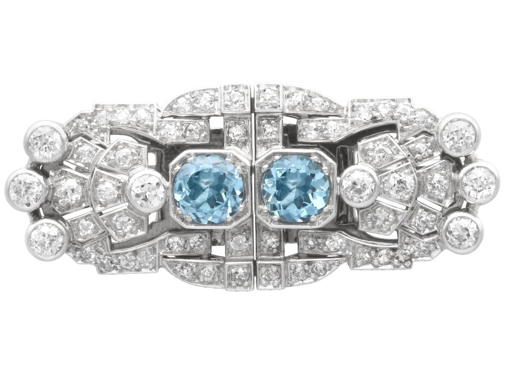 1.52Ct Aquamarine and 2.92Ct Diamond, 18k White Gold Double Clip Brooch