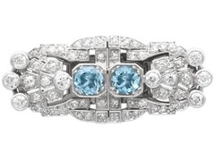 1.52Ct Aquamarine and 2.92Ct Diamond, 18k White Gold Double Clip Brooch