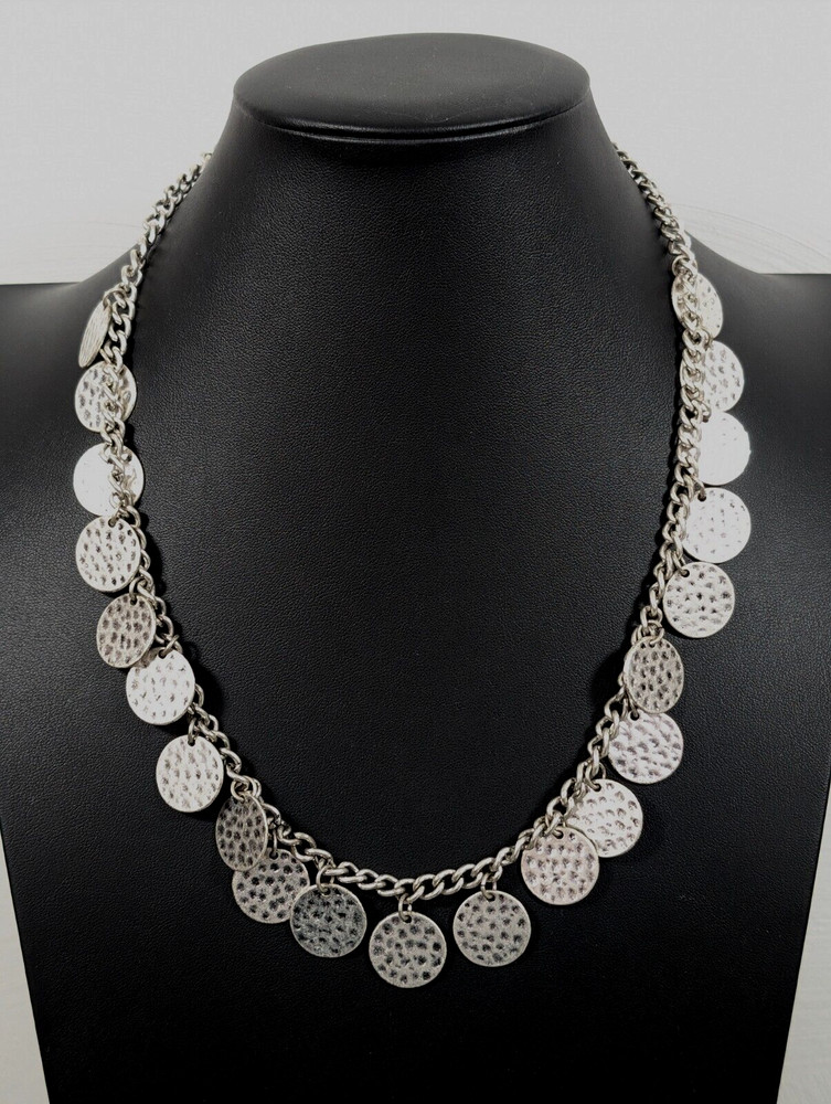 Boho Coastal Hammered Silver Tone Disc Round Charm Chain Necklace 21 in