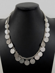 Boho Coastal Hammered Silver Tone Disc Round Charm Chain Necklace 21 in