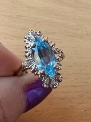 VINTAGE 10K YELLOW GOLD MARQUISE CUT BLUE TOPAZ AND DIAMONDS RING