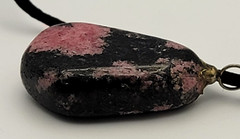 Vintage Rhodonite Stone Pendant Leather Cord Necklace 18 Inch Spring Ring Clasp
