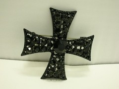 Vintage Weiss Black Maltese Cross Pendant Jet Glass Rhinestones 2″ Estate Find