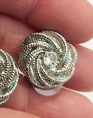 Vintage Estate Silver Twisted Round Textured Post Pierced Rhinestones Earrings