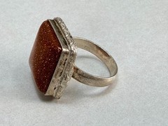 Vintage Silver Tone Goldstone Square Statement Ring Brown Cabochon Size 9