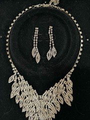Vintage Clear Rhinestone Silver tone Necklace & Pierced Earring Set