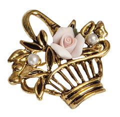 Vintage Gold Tone Pink Ceramic Carved Rose Glass Pearls Flower Basket Brooch