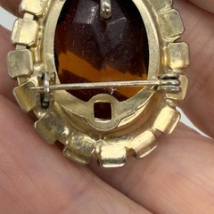 Vintage Brooch Brown Glass Cabochon Center AB Rhinestone Frame 1.25 Inches