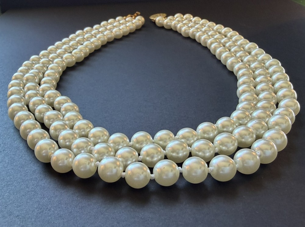 Vintage 3 Strand Faux Glass Pearl Necklace 18″ 8mm Knotted Gold Tone Slide Clasp