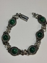 Vtg Israel Sterling Silver Eilat Style Green Matrix Stone Panel Link Bracelet **